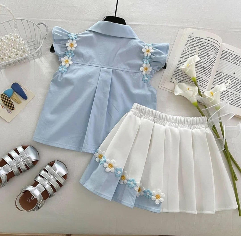 Girls Blue Floral Embroidered Top & White Pleated Skirt Set for Parties