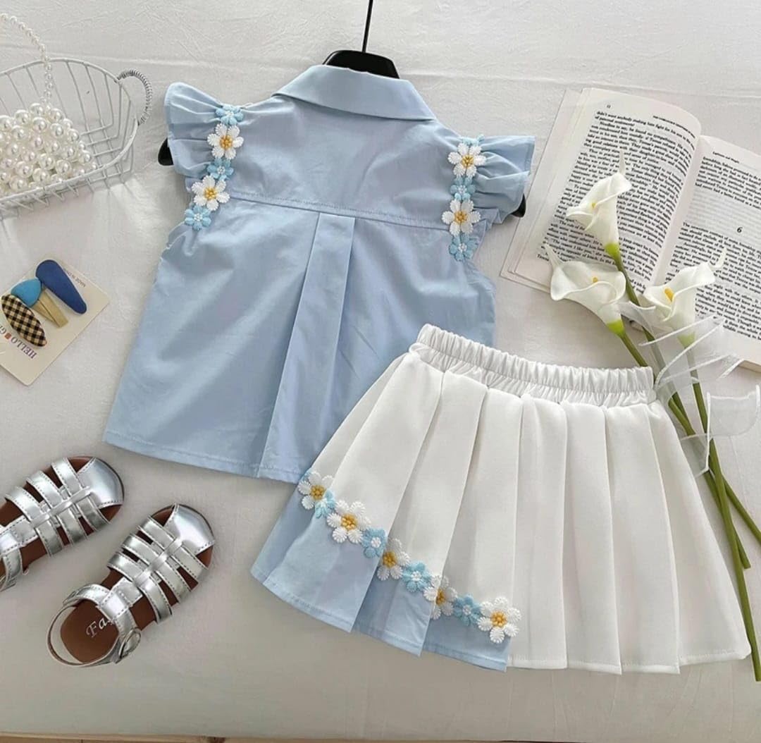 Girls Blue Floral Embroidered Top & White Pleated Skirt Set for Parties