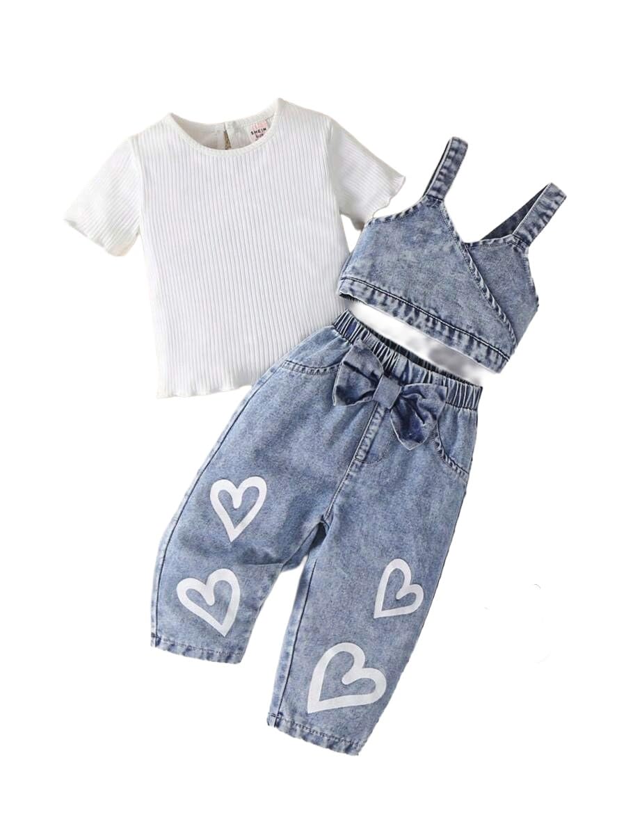 Girls 3-Piece Denim Tank Jacket, White Top & Herat Print Jeans
