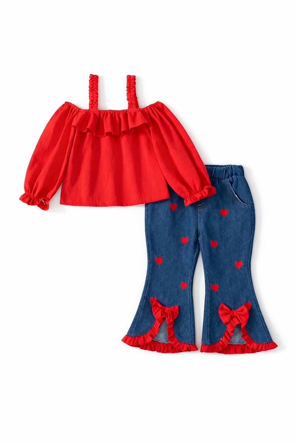 Girls Red Off-Shoulder Top with Denim Pants, Heart & Bow Detail Set