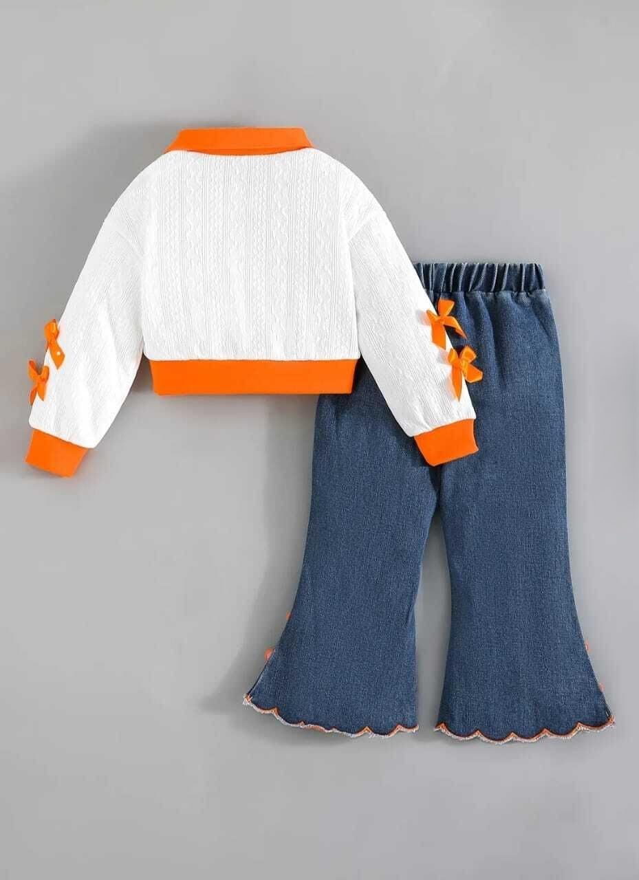 Girls Knit full sleeves Top with Bows & Flared Denim Pants Set