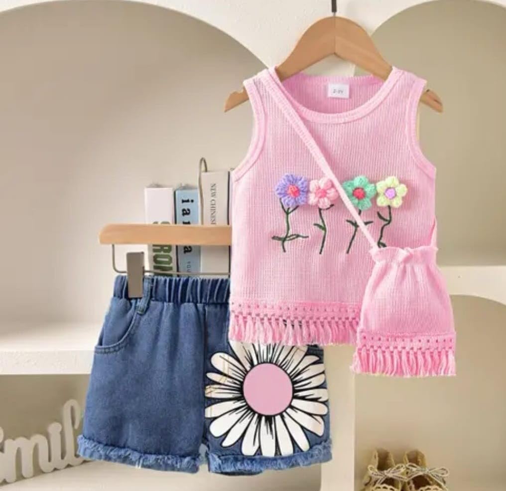 Girls' Floral Knit Tank Top and Denim Short Set with Matching Bag