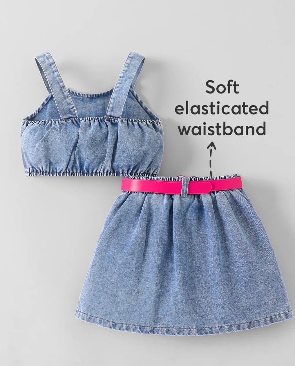 Girls Denim Crop Top & Skirt Set with Pink Heart Belt, 2pc