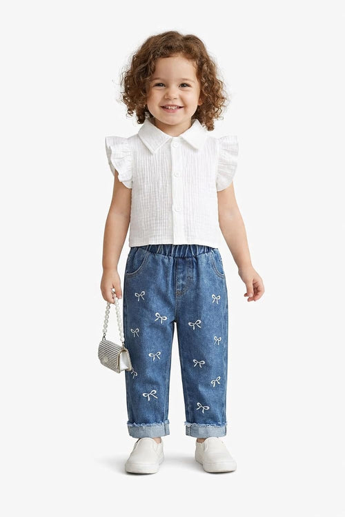 Girls Cotton Ruffle Top and Bow Print Denim Jeans Combo Set, White and Blue, Kids Outfit