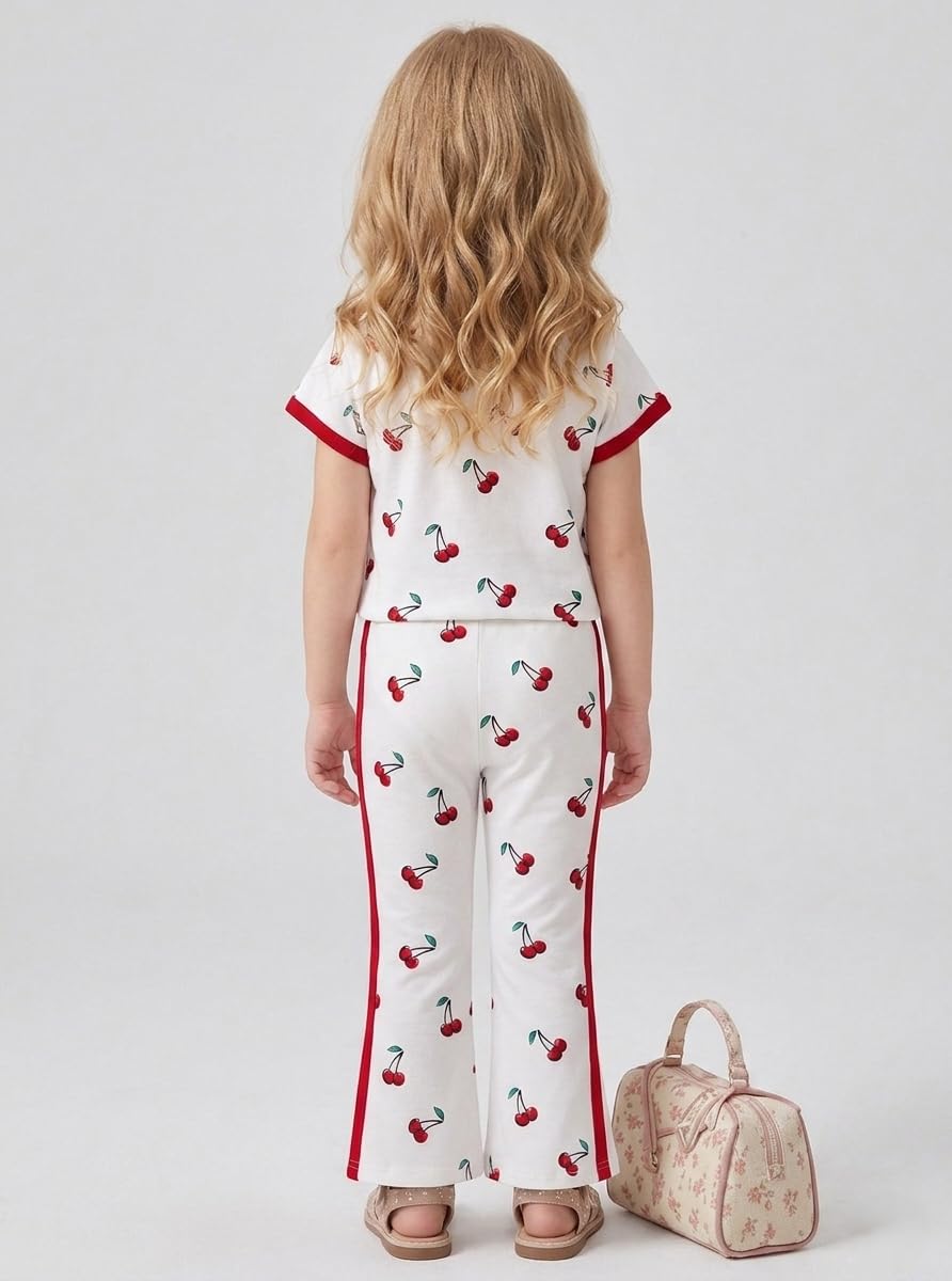 Girls Cherry Print 2-Piece Outfit, Short Sleeve Top and Flared Trousers
