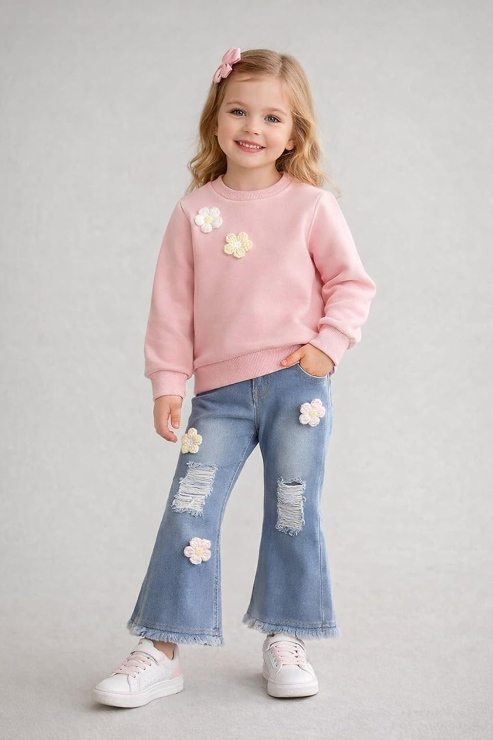 Girls Floral Applique Full Sleeve Top & Distressed Flare Jeans Set