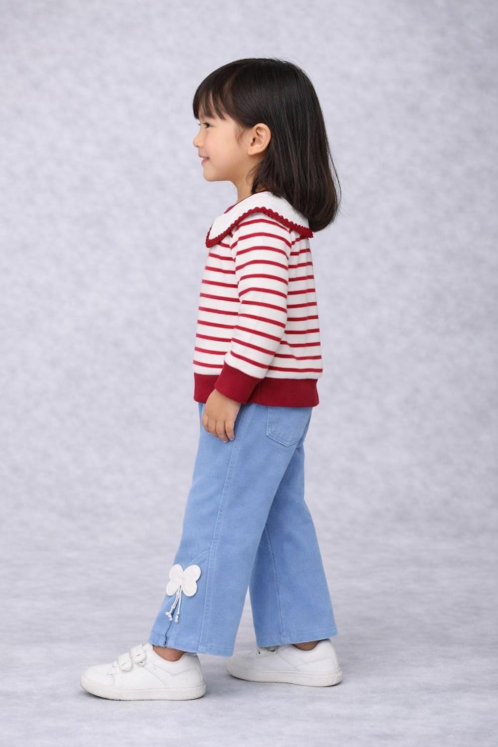 Girls Striped Bunny Collar Top & Bow Detail Denim Pants Set
