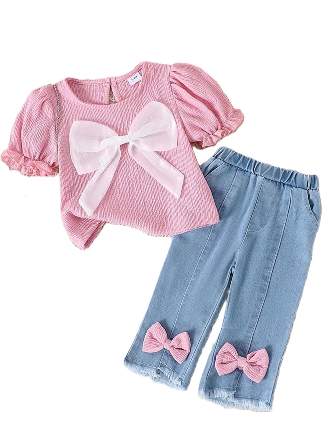 Girls Pink Top & Denim Jeans Set, 2pc