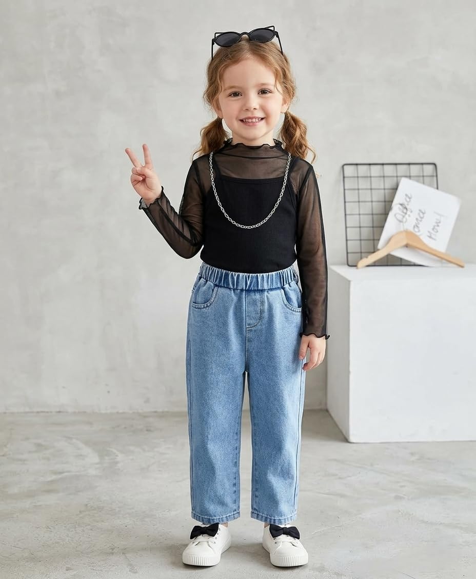 Girls Black Mesh Mock-Neck Top with High-Waist Relaxed-Fit Denim Trousers, Two-Piece Set