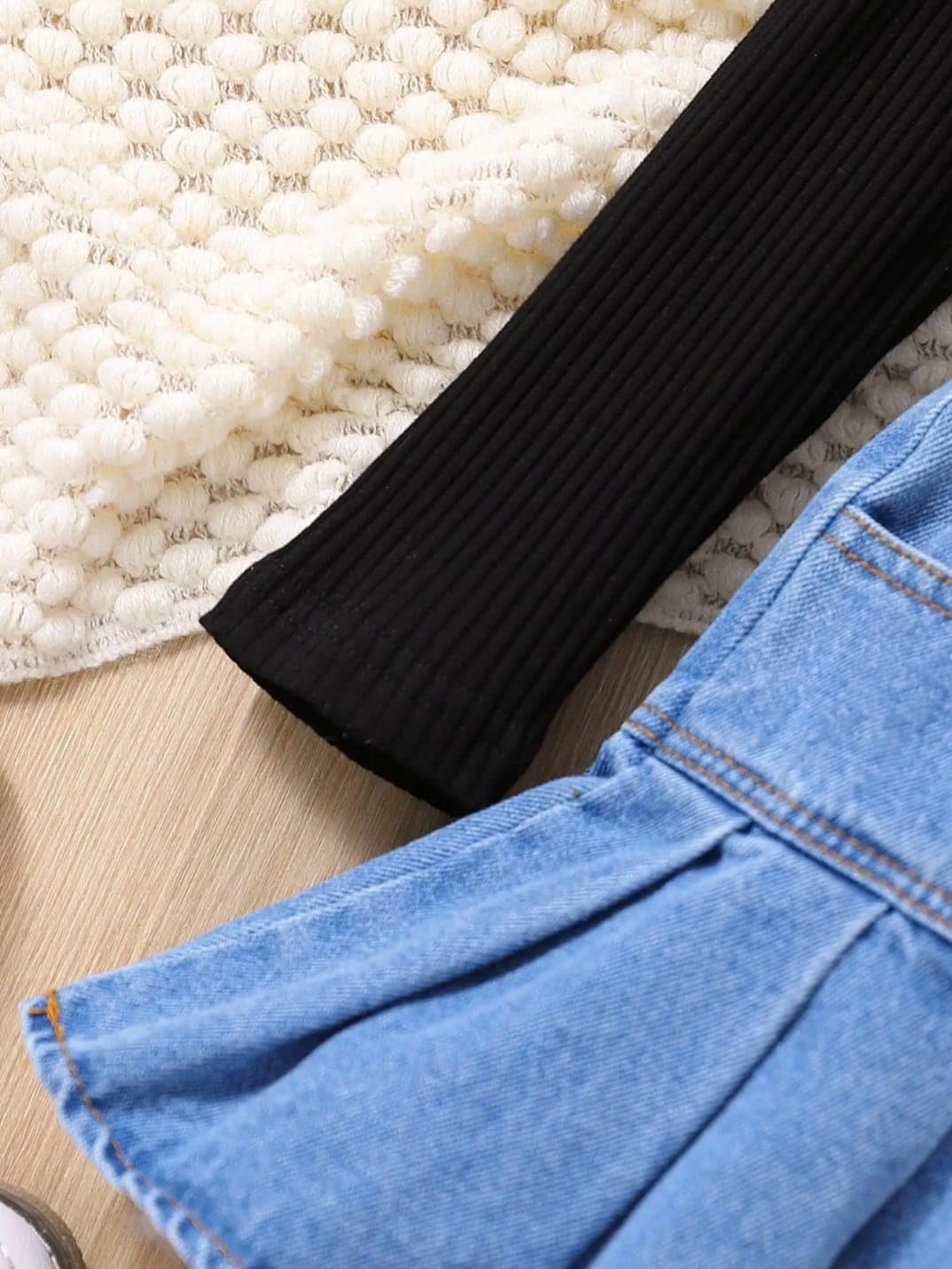 Girls Black Ribbed Top & Pleated Denim Skirt with Hat