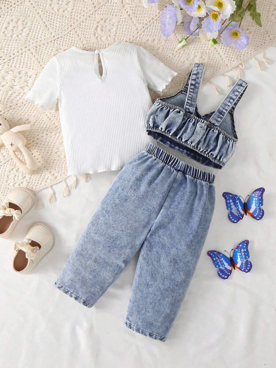 Girls 3-Piece Denim Tank Jacket, White Top & Herat Print Jeans