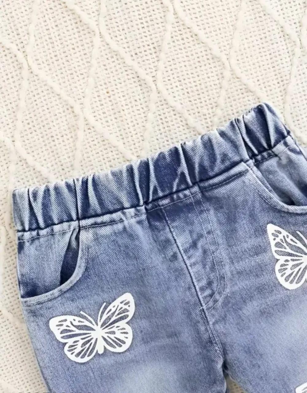 Girls 3Pc Outfit Set: Denim Vest Jacket, White Top, Butterfly Printed Jeans