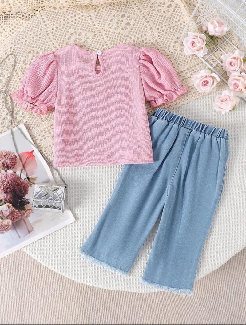 Girls Pink Top & Denim Jeans Set, 2pc