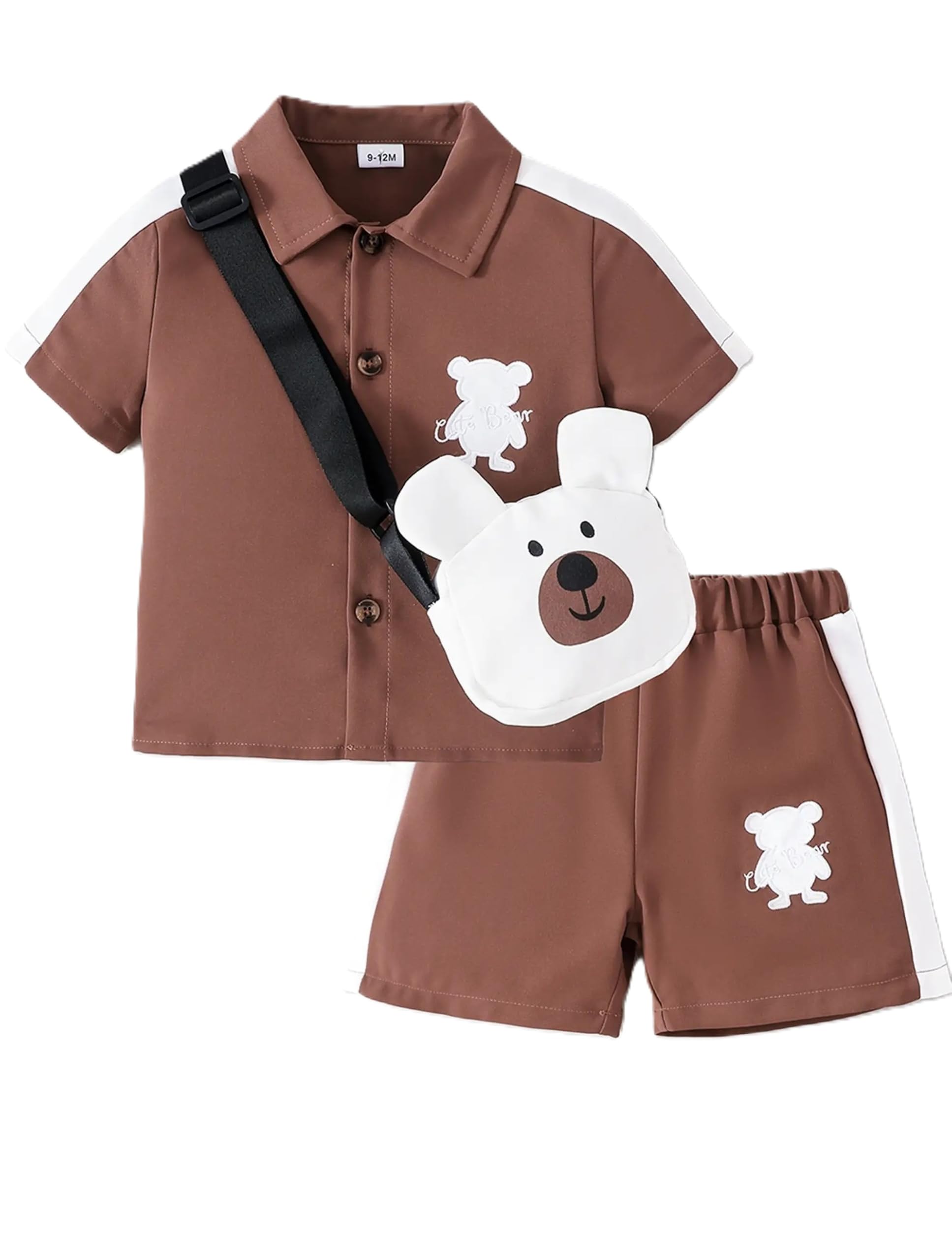 Boys Bear Print Shirt, Shorts & Bag Set