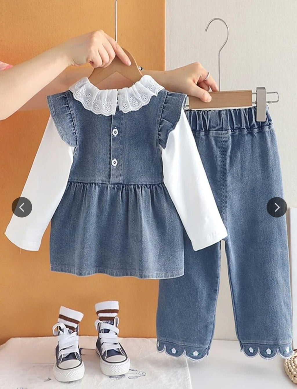 Girls Denim frock top with Lace Collar, Flutter Sleeves, Rose Embroidery, Paired with Jeans