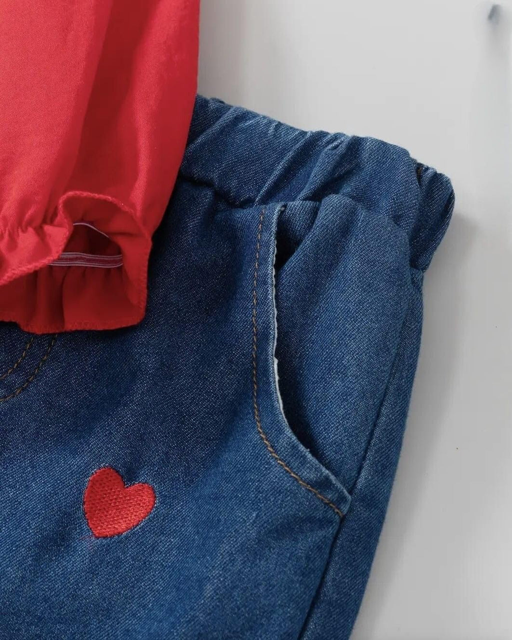 Girls Red Off-Shoulder Top with Denim Pants, Heart & Bow Detail Set