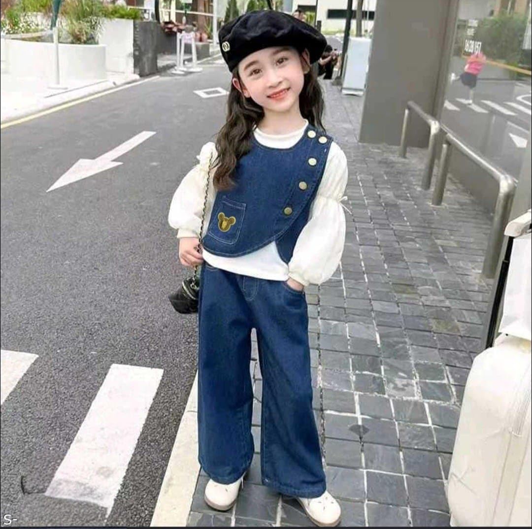 Girls Denim Jacket Set: White Top, Wide-Leg Jeans, Asymmetric Button Jacket | Bear Embroidery, Wide Leg Pants, Button Detail, Kids Wear, Denim Jacket