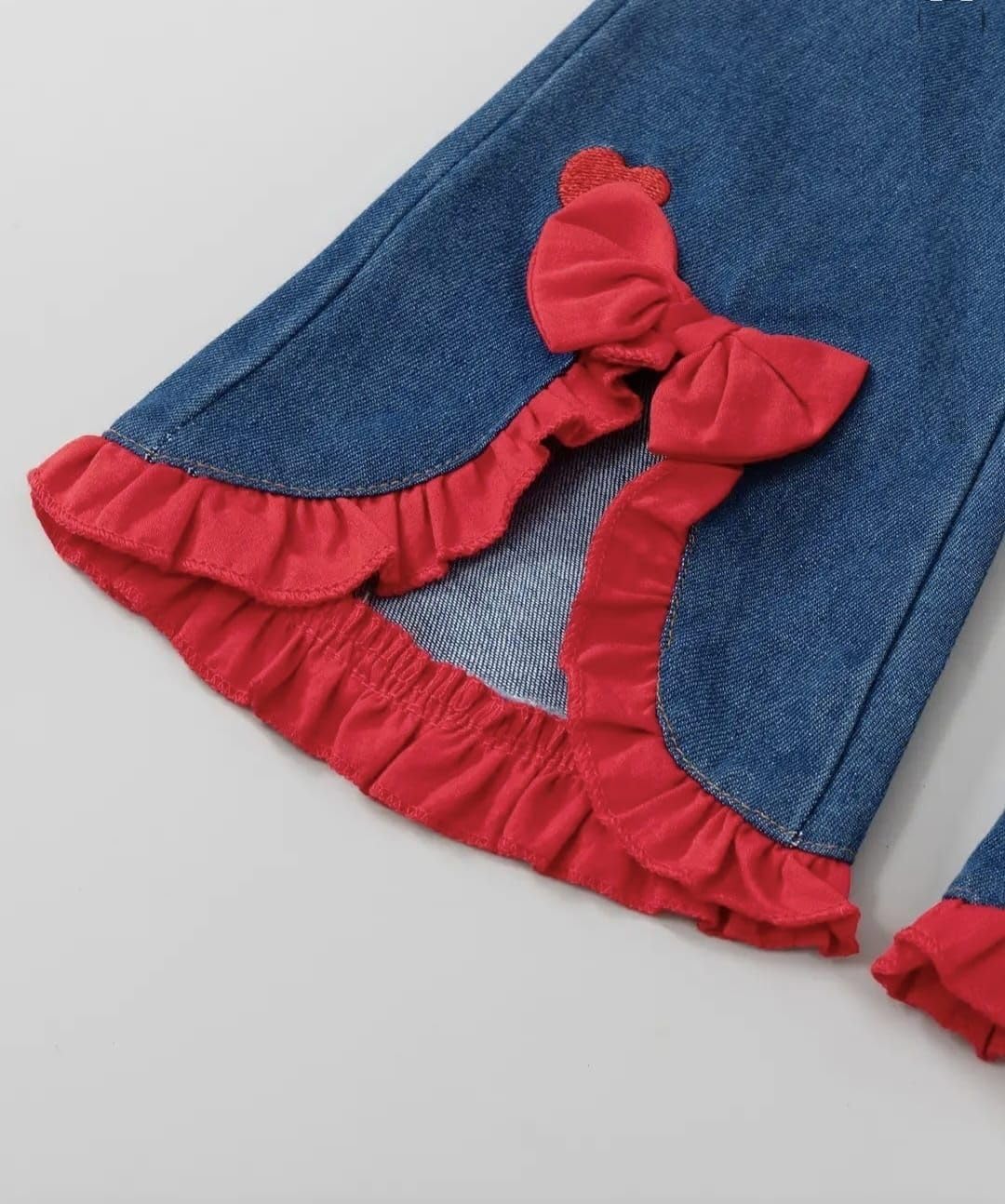 Girls Red Off-Shoulder Top with Denim Pants, Heart & Bow Detail Set