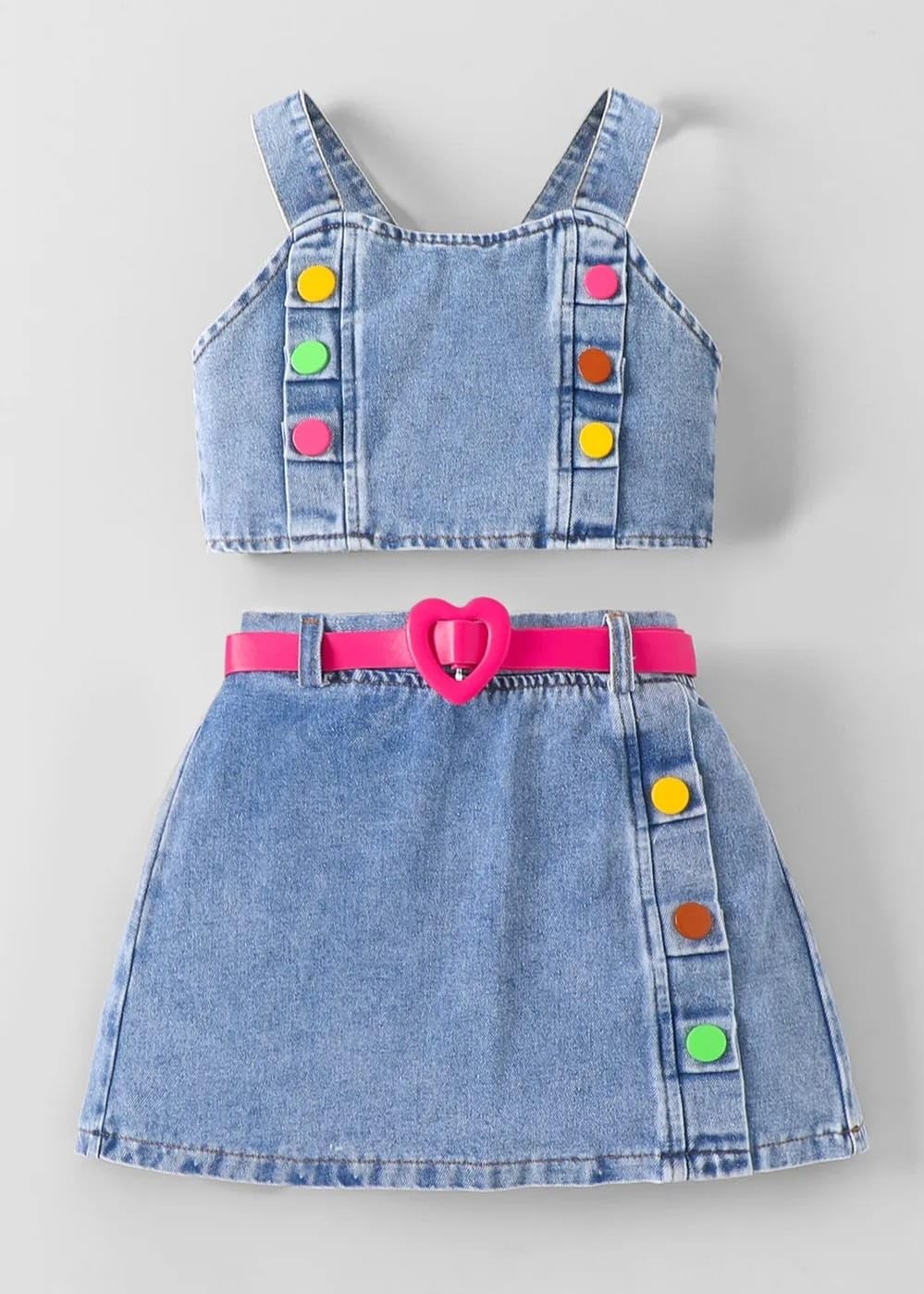Girls Denim Crop Top & Skirt Set with Pink Heart Belt, 2pc