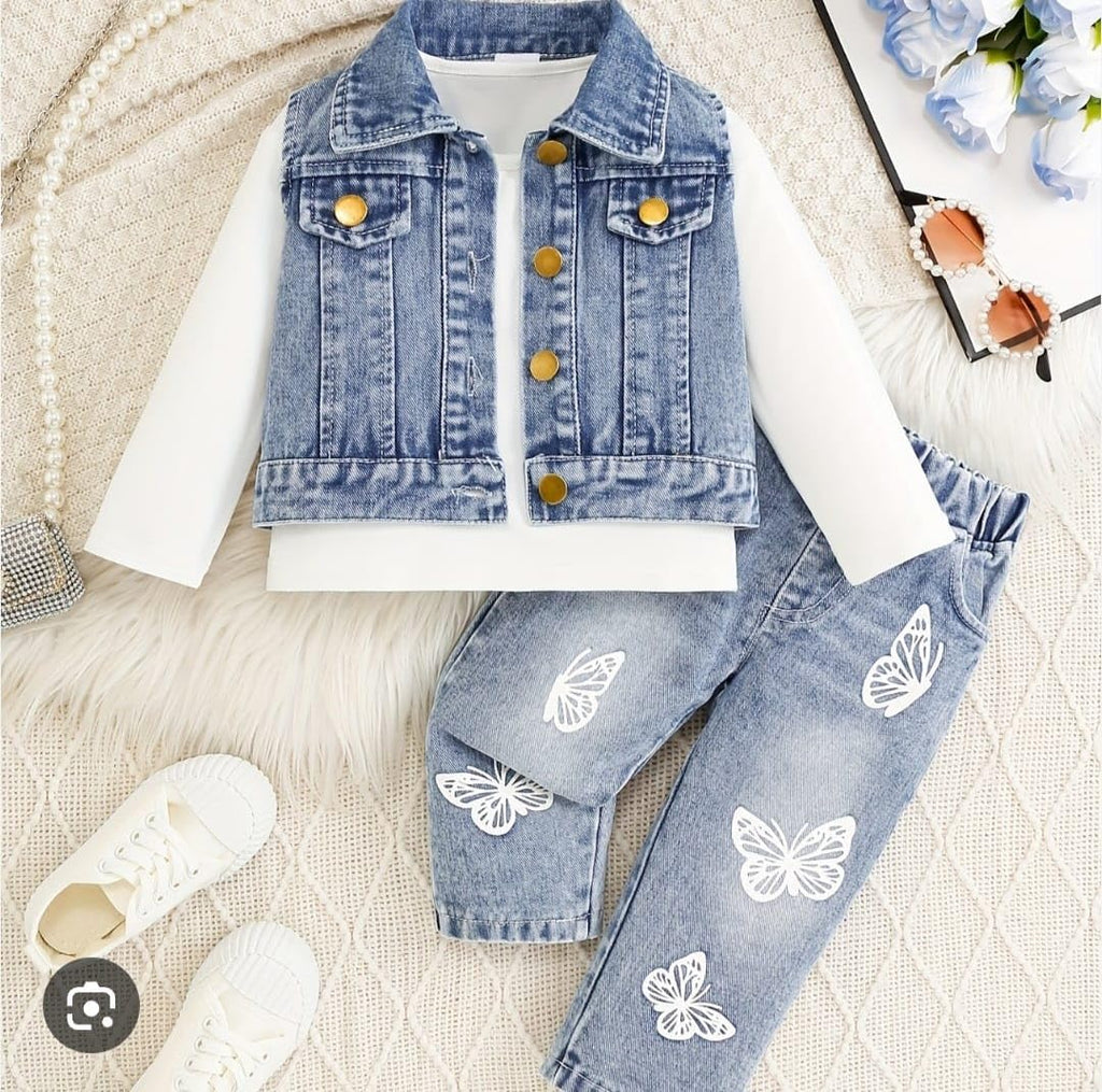 Girls 3Pc Outfit Set: Denim Vest Jacket, White Top, Butterfly Printed Jeans