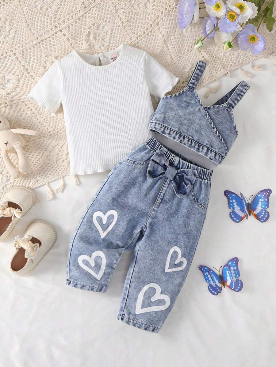 Girls 3-Piece Denim Tank Jacket, White Top & Herat Print Jeans