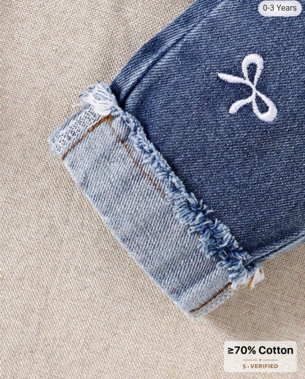 Girls Cotton Ruffle Top and Bow Print Denim Jeans Combo Set, White and Blue, Kids Outfit