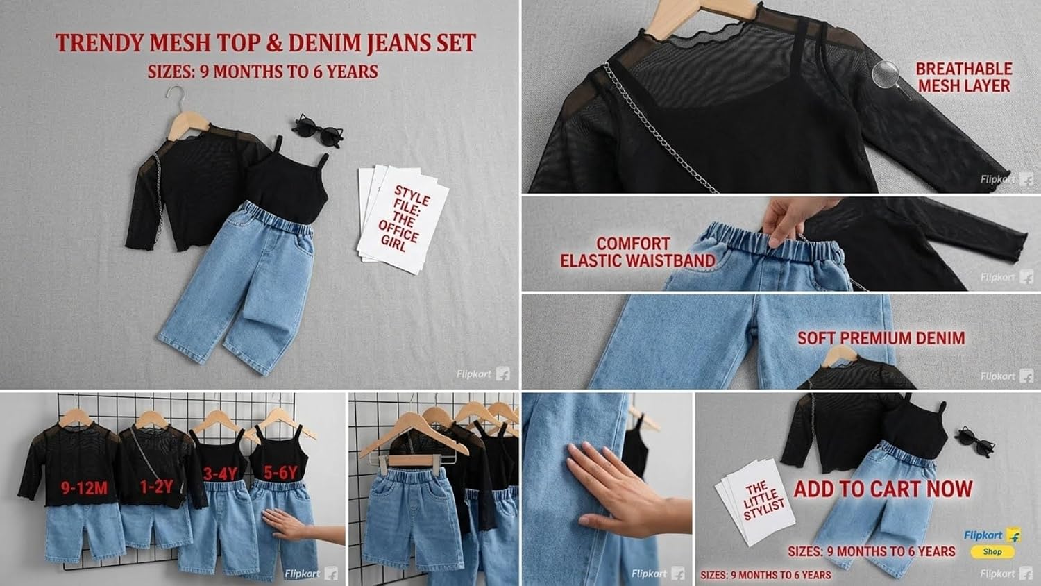 Girls Black Mesh Mock-Neck Top with High-Waist Relaxed-Fit Denim Trousers, Two-Piece Set