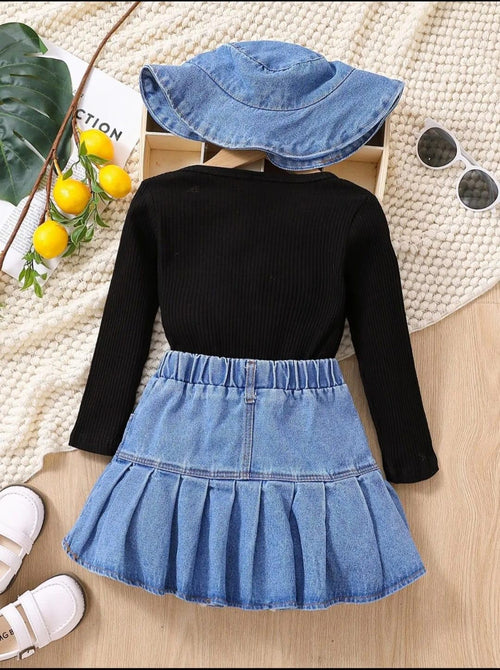 Girls Black Ribbed Top & Pleated Denim Skirt with Hat