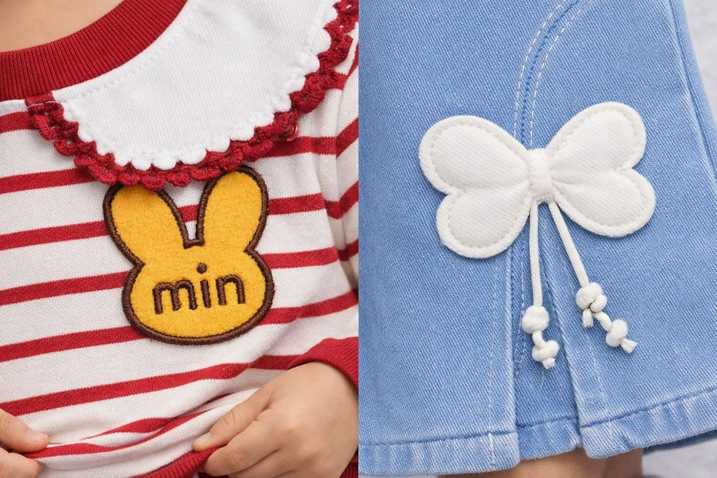 Girls Striped Bunny Collar Top & Bow Detail Denim Pants Set