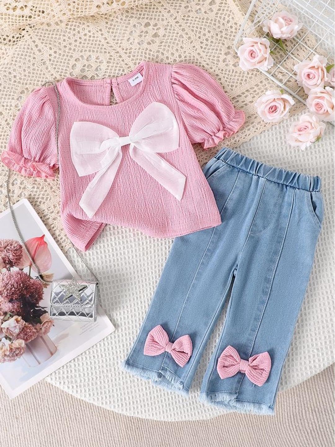 Girls Pink Top & Denim Jeans Set, 2pc