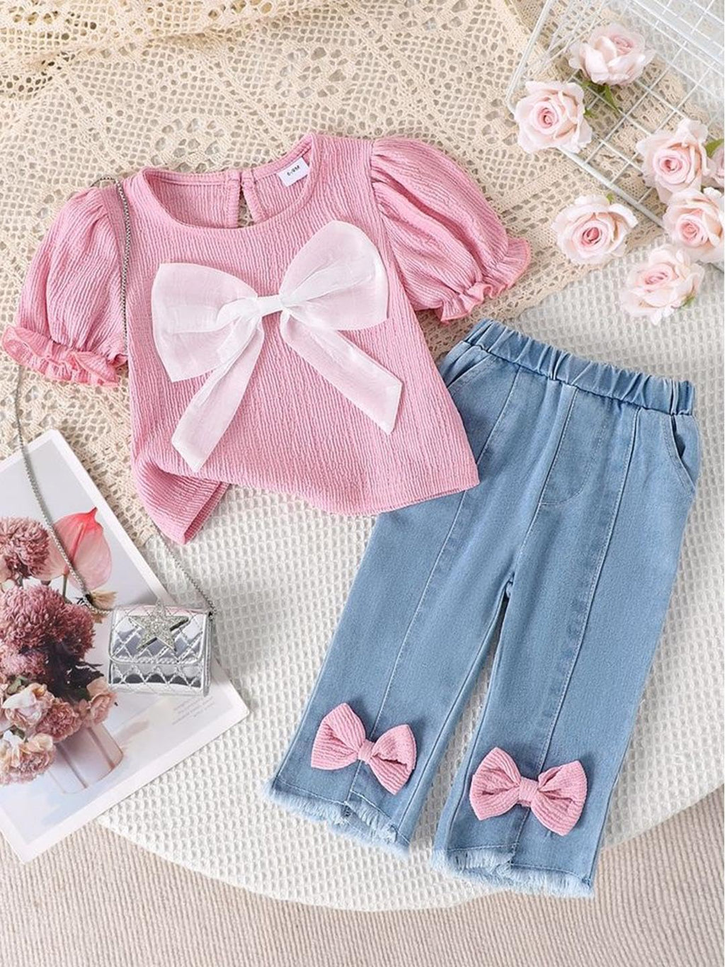 Girls Pink Top & Denim Jeans Set, 2pc