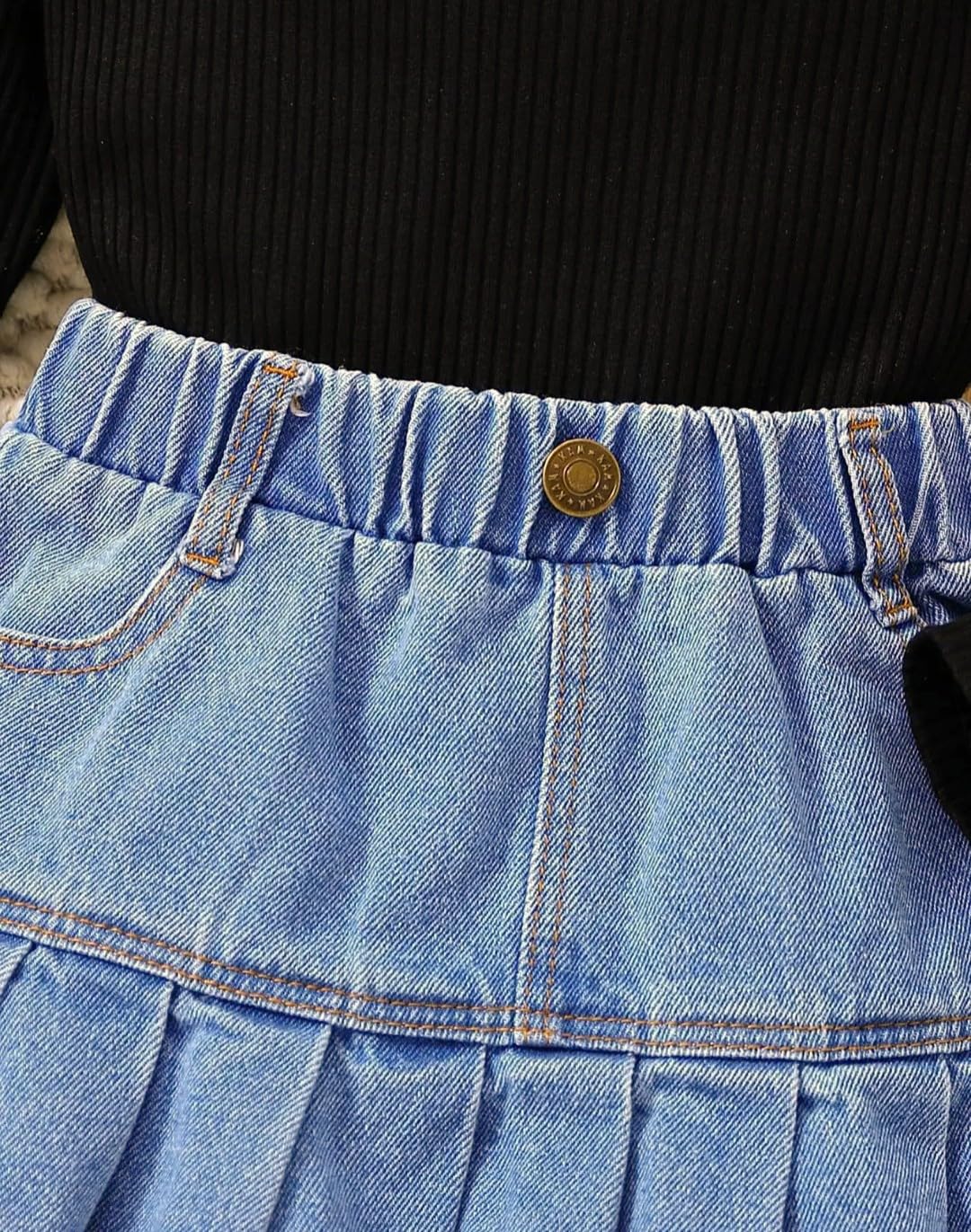 Girls Black Ribbed Top & Pleated Denim Skirt with Hat